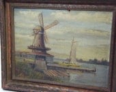 Antique Windmill Oil Painting