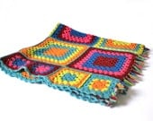 Vintage Small Boho Afghan ... Small Throw, Crocheted, Neon, Bright Colors, Wool, Psychadelic