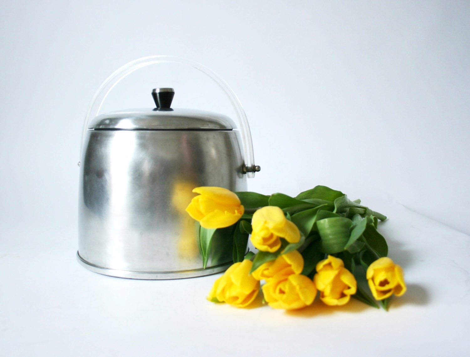 Vintage Atomic Mod Ice Bucket with Lucite Handle ... Bullet, Aluminum, Mid Century Modern, Kromex, MCM