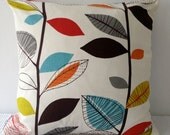 Retro autumn leaves in red, orange, turquoise and green on cream background cushion cover, slip cover, decorative cushion