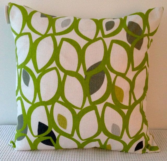 Retro cedar eyelets in shades of green, black and grey on cream cushion cover, contemporary designer slip cover, throw pillow