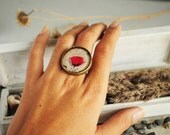 Red poppy ring from resin - flower ring print, brown jewelry, gift for her for girl, boho, black, beige - made to order