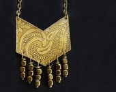 Brass Chevron Necklace Etched Brass Paisley Design Geometric Modern Contemporary