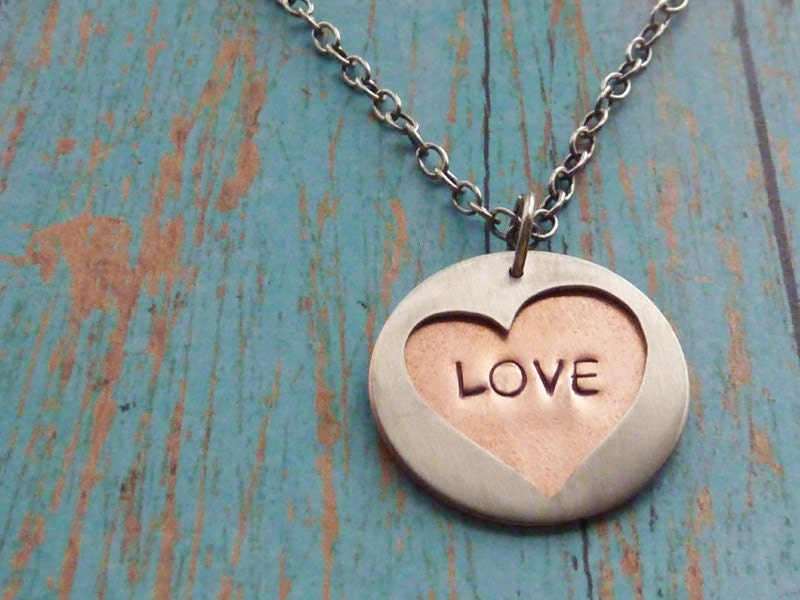 Heart Necklace Metal Stamped Necklace Romantic Love Layered Silver Copper Mixed Metal Customized Personalized
