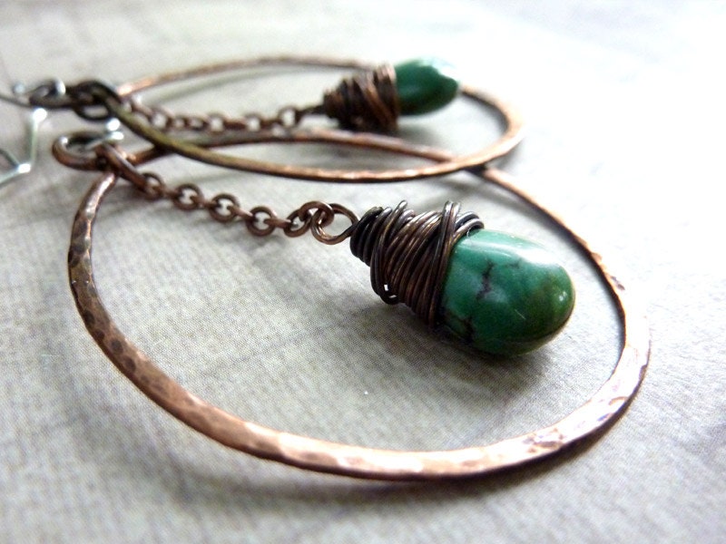 Turquoise Copper Hoop Earrings Large Rings Rustic Wire Wrapped Boho Southwest