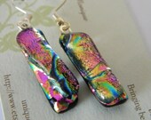 Fused Glass Dichroic Long hot pink Dangle Earrings
