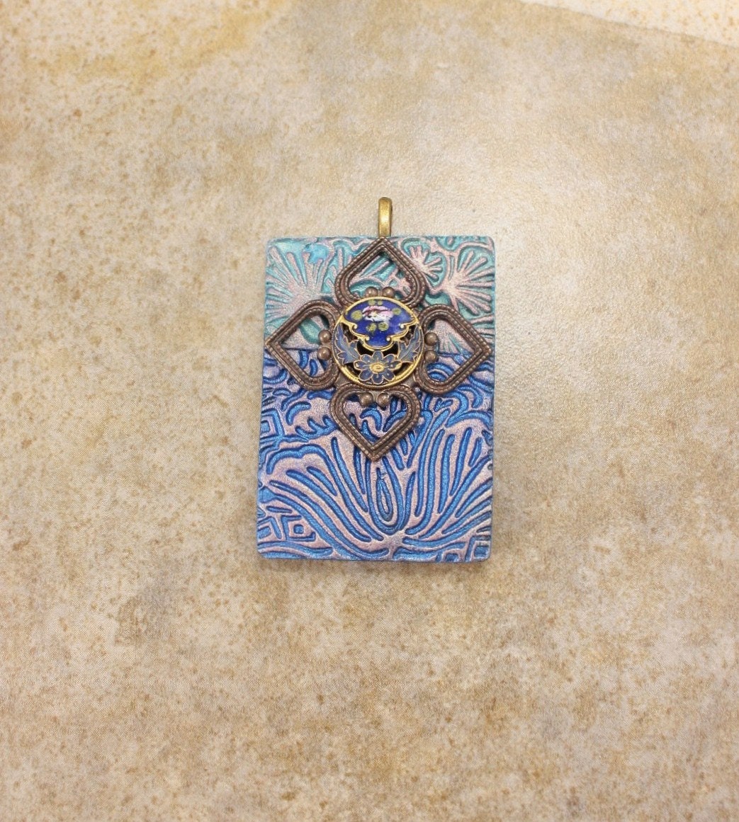 Statement Pendant Cobalt Blue Pendant Mixed Media Brass Antique Button Turquoise Pendant One of a Kind