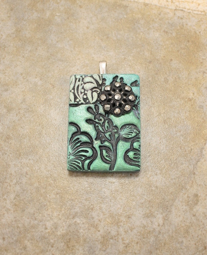Green Pendant Black Silver Rosebud Pendant Floral Mixed Media Pendant