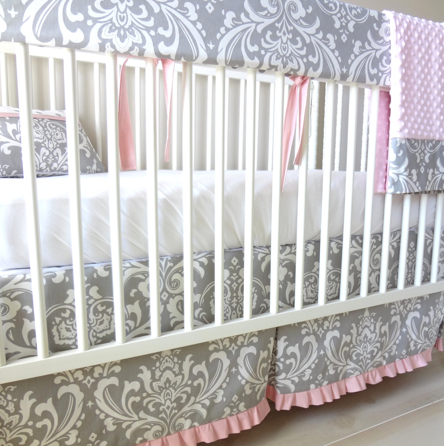 Gray & Pink Damask Crib Rail Bedding set.