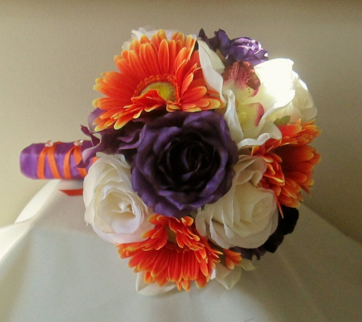 Purple and Orange Bridal Bouquet, Rose and Gerbera Daisy Bouquet, Fall Wedding Bouquet, Silk Wedding Flowers