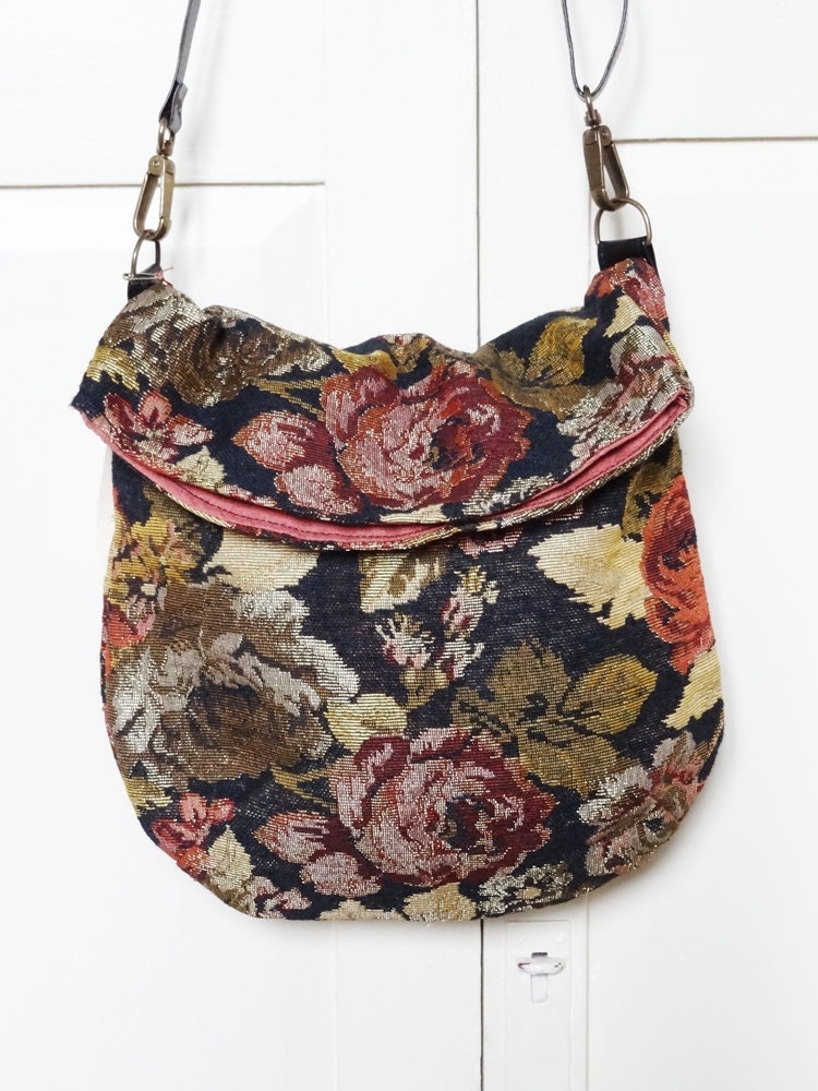 Messenger Bag - Black  Floral-  2 Pockets - Adjustable Strap - Medium Size in Recycled Fabric