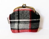 Clip Coin Purse -  Black Red Checked Fabric - Small Size in Cotton Fabric