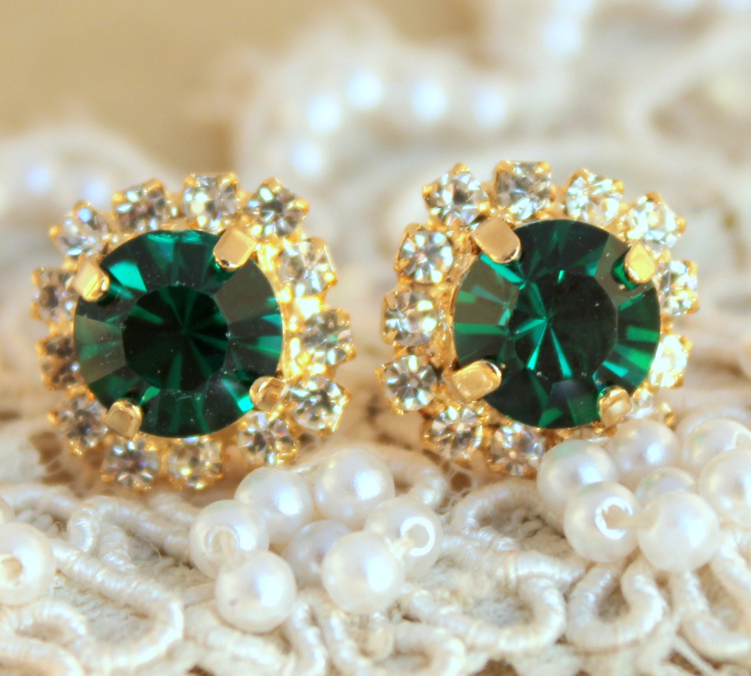 Emerald green Crystal stud earring - 14k plated gold post earrings real swarovski rhinestones .