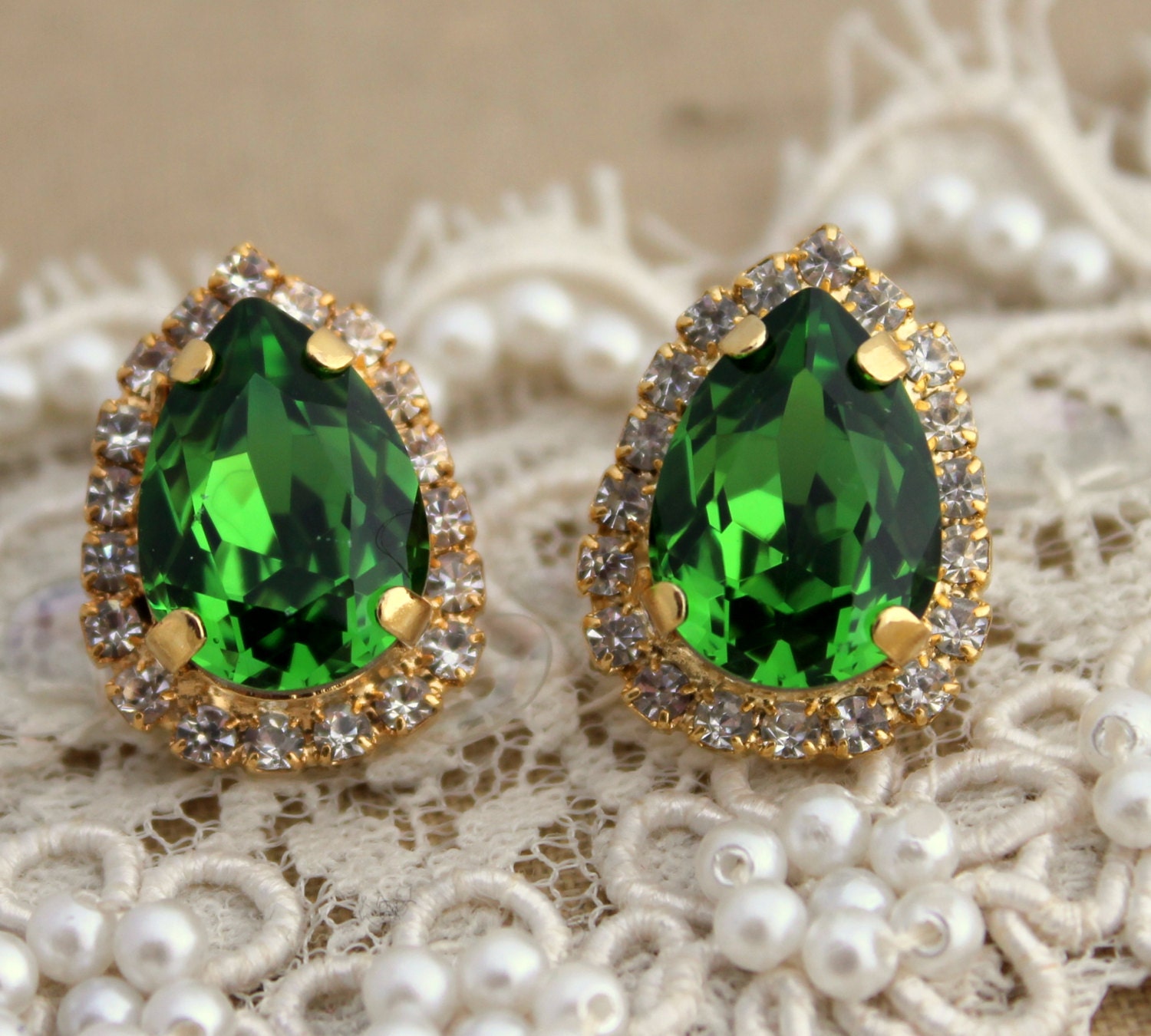 Apple green teardrop stud earring - 14 k plated gold post earrings real Swarovski Crystals.