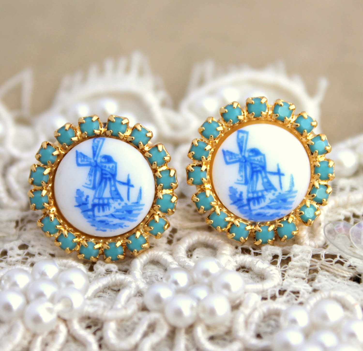 Vintage style post stud dutch delft wind mill Turquoise earrings - shabby chic style 14 k plated real gold.