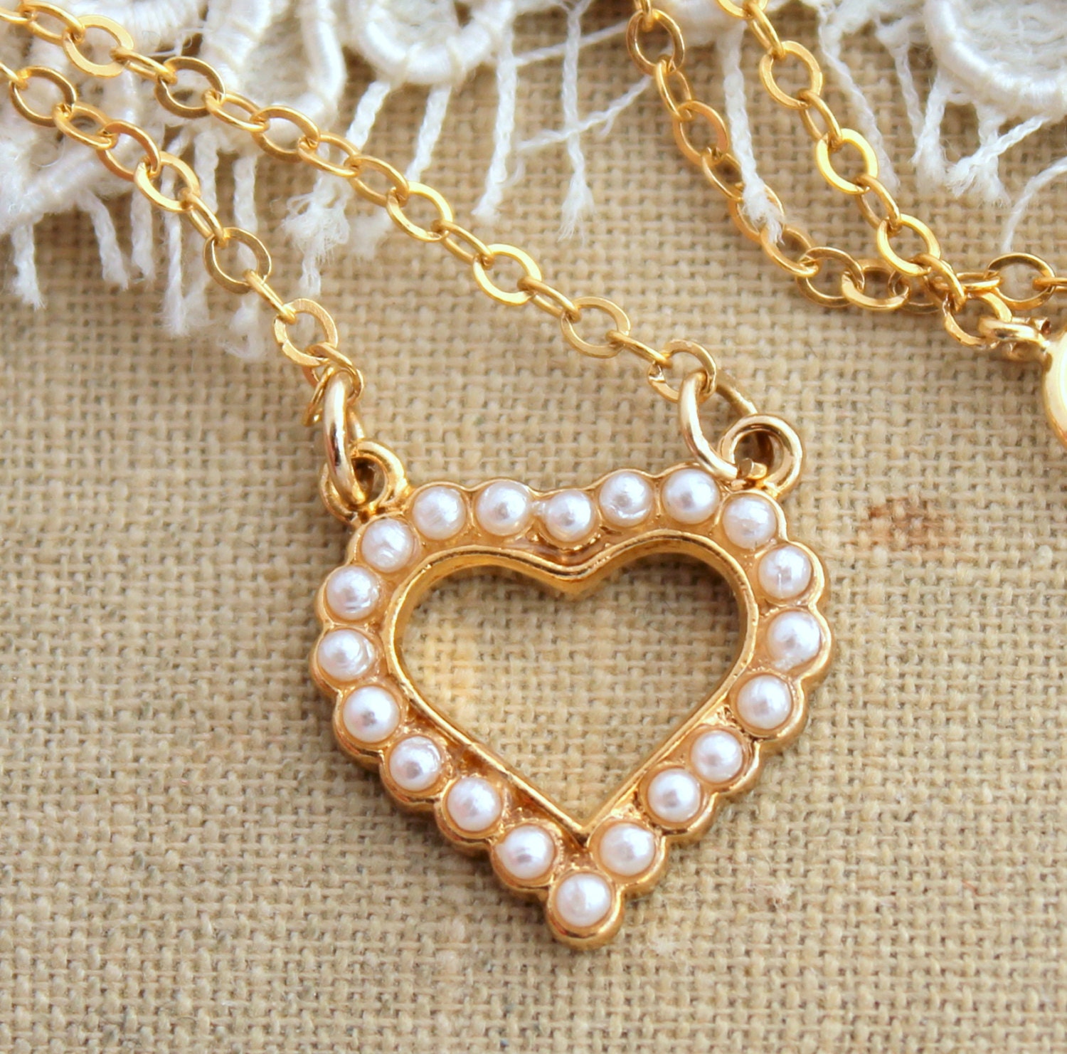 Pearls ans hearts  necklace  - 14 k gold filled necklace with real little pearls