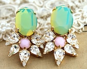 Mint Rhinestone earrings Mint white and pink statement chandelier - 14k Gold plated whit real Swarovski Crystals