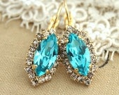 Aquamarine blue  Crystal earring chic jewelry - 14k plated gold earrings real swarovski rhinestones.