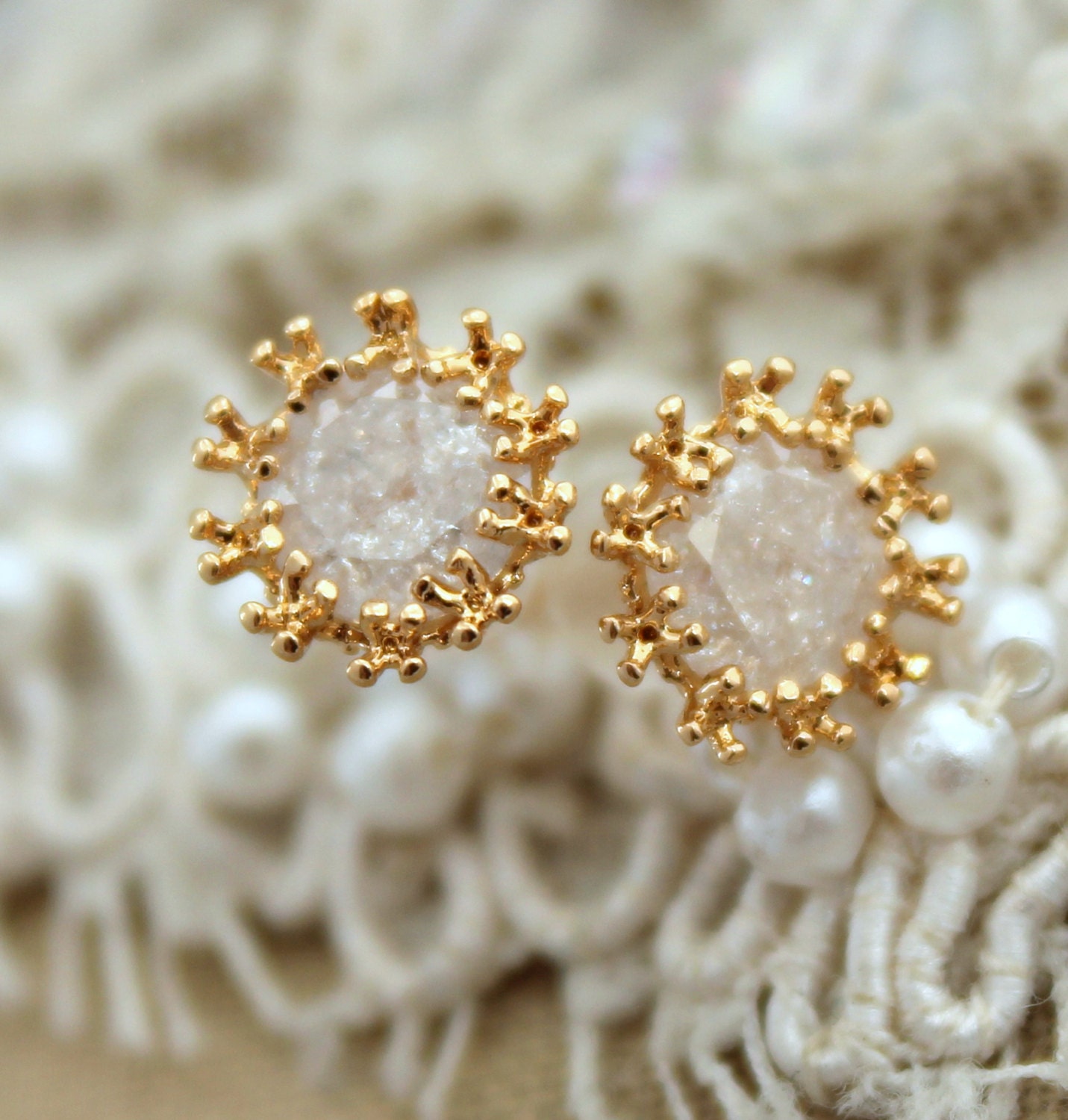White clear Rhinestone zircon stud earrings - 14k Gold filled.