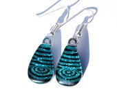 Dichroic Glass Earrings, Fused Glass Jewelry, Rippling Water, Fashion Accessory, Sterling Silver Wires, Black Teal Blue (Item 30463-E)
