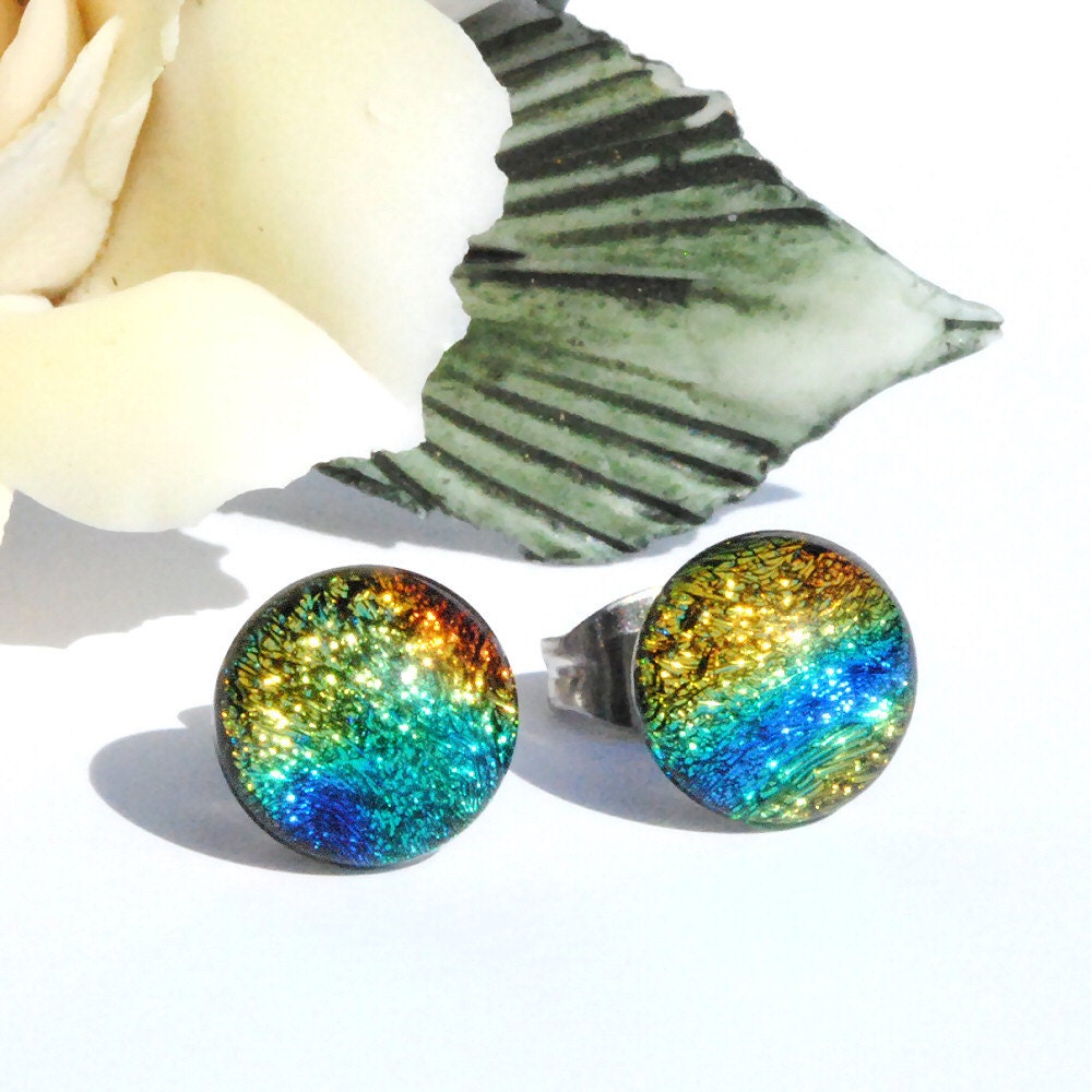 Petite Dichroic Glass Studs - Fused Glass Jewelry, Posts, Surgical Steel - Summer Colors, Blue Green Orange Yellow 5/16" 8mm (Item 30561-E)