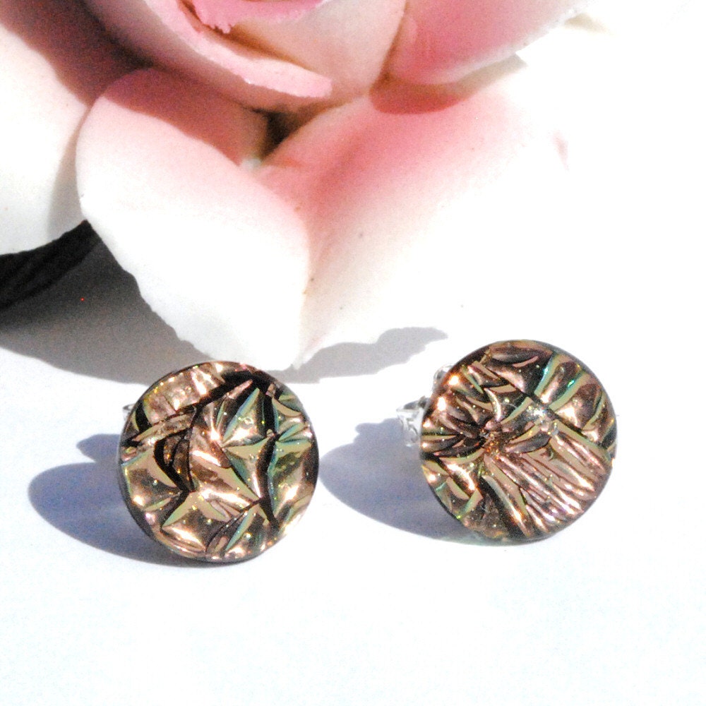 Petite Dichroic Glass Studs - Fused Glass Jewelry, Sterling Silver Posts - Light Pale Peach,Gold, Spring - Approx. 3/8" 9mm (Item 30563-E)