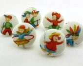 Retro Kids Playing Pushpins / Magnet / Thumbtacks / Fabric Covered on 50s  40 84