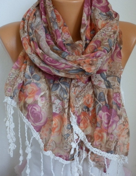 Floral Scarf - Cotton Scarf - Shawl - Cowl Scarf with Lace Edge - fatwoman- Spring Flowers - Beach wear