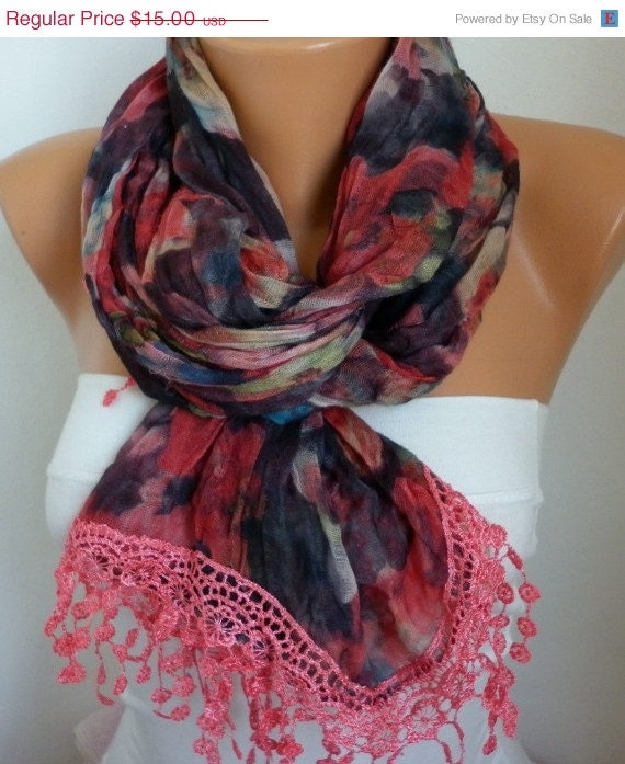 BIG SALE Red Floral Scarf - Cotton Scarf - Shawl - Cowl Scarf with Lace Edge - fatwoman- Spring Flowers - Beach wrap