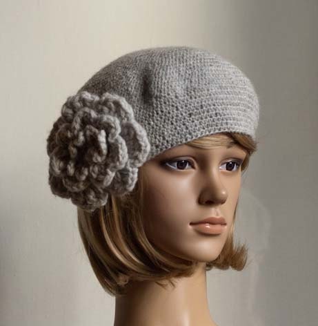 PDF CROCHET PATTERN Bewitching Beatrice Beret grey crochet flower hat cap beanie tutorial