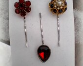 Vintage Ruby Red Pearl Cluster Upcycled Bridal Bobby Bobbie Pin Trio