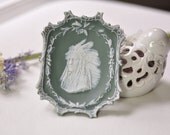 Vintage Porcelain Cameo Portrait of Native American Indian Chief Tribal 1950's Pale Soft Green & White Wall Art