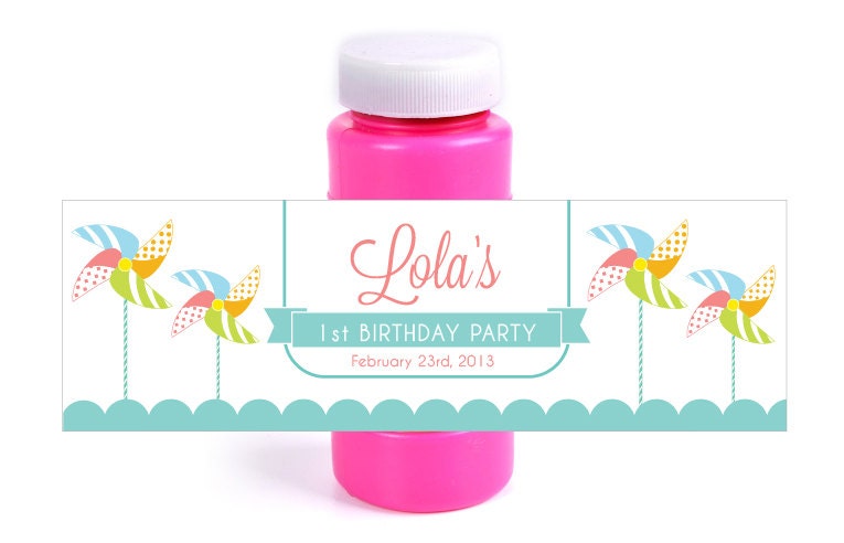 Custom Printable Pinwheel Party Bubble Bottle Favors Label Wraps - Featured on Hostess with the Mostess