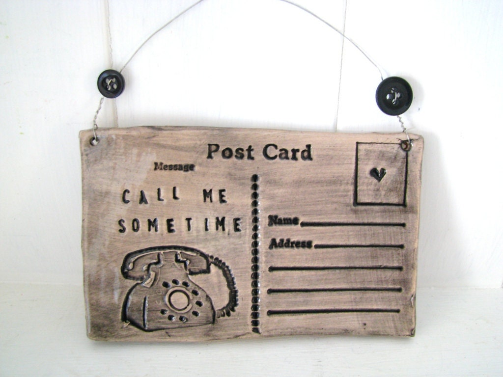 Call Me Sometime - Ceramic postcard with vintage buttons.  Made in Wales, UK.  Black