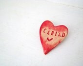 Cariad / Love heart brooch / pin / button / badge. Ceramic. Made in Wales, UK