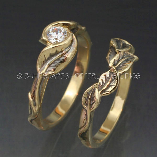 WEDDING RING SET -14k Yellow , Rose Gold or White Gold - Delicate Leaf Engagement ring with matching Wedding Band.