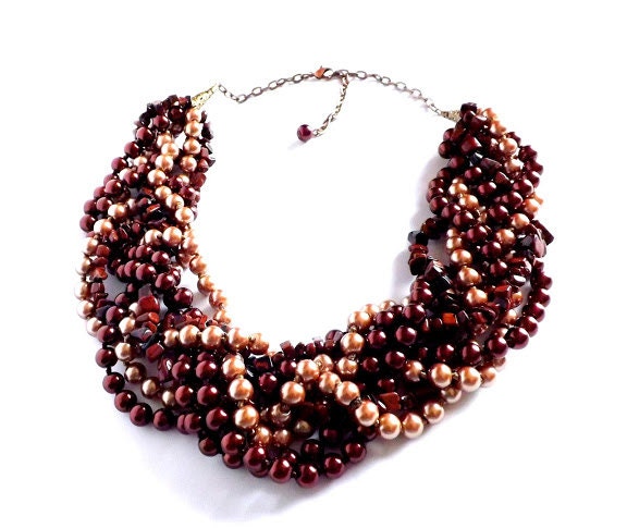 Statement stone glass beaded necklace brown black beige handmade jewelry.