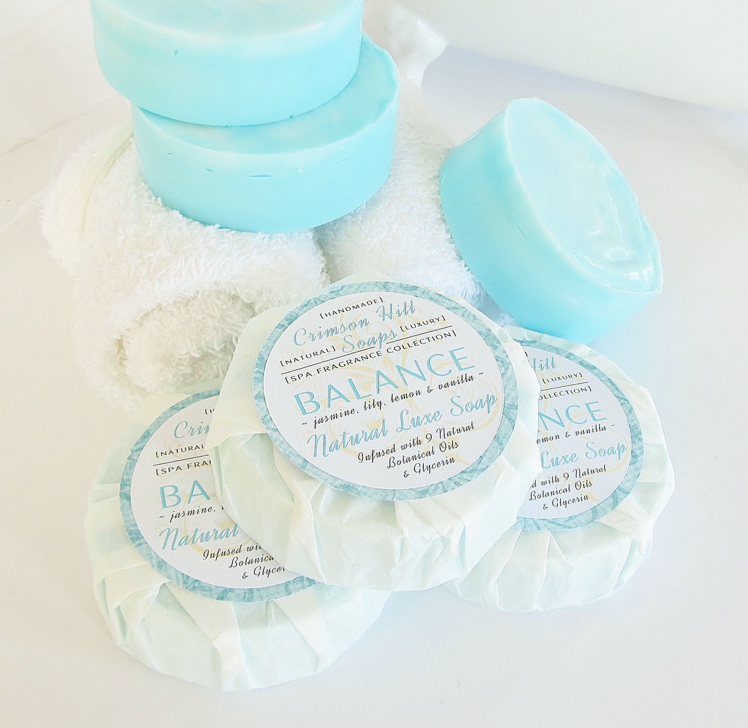 BALANCE Natural Round Soap - Jasmine, Lily, Lemon & Vanilla scented soap, large 5 oz soap, gift wrapped, handmade, glycerin, vegan, scented