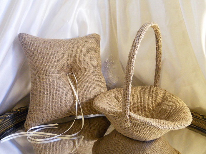 Set Burlap Bridal Flower Girl Basket and Ring Bearer Pillow made of natural burlap and non-embellished.