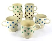 Vintage Polka Dot Set of Seven Stackable Mugs blue green brown by Retroburgh