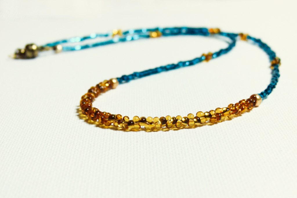 Olimpian Blue gold topaz necklace, simple beaded strand, minimalist chic fashion dainty ewelry