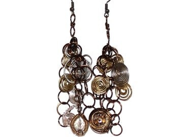 Greek spiral chain earrings, beads, drop, handwrapped, dangle, unique