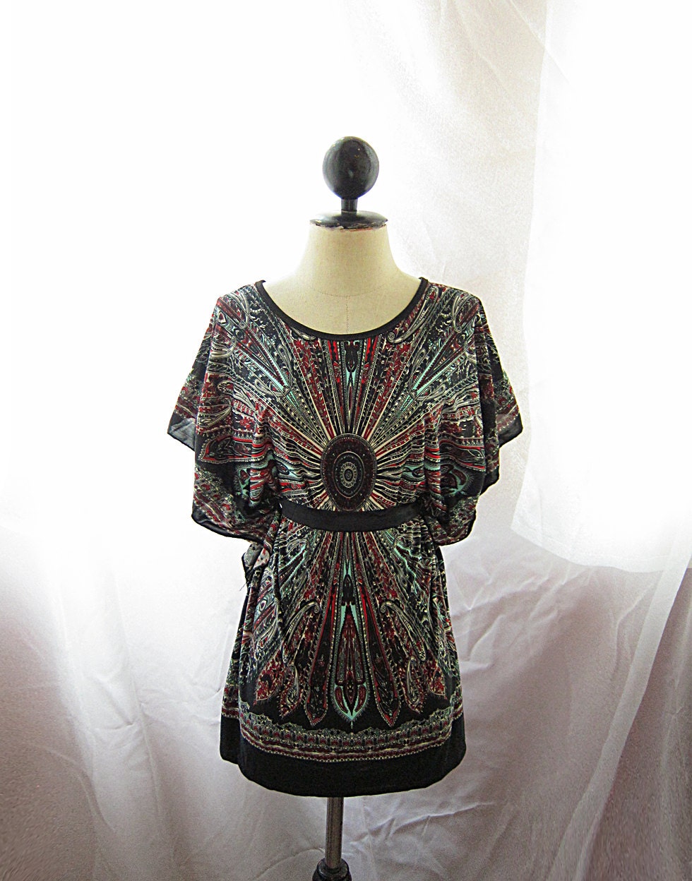 Russian Indie Black Red Blue Incas Mayan Aztec Spring Persian Paisley Kaftan Kimono Dress Ancient Butterfly Wings African Caftan Tunic