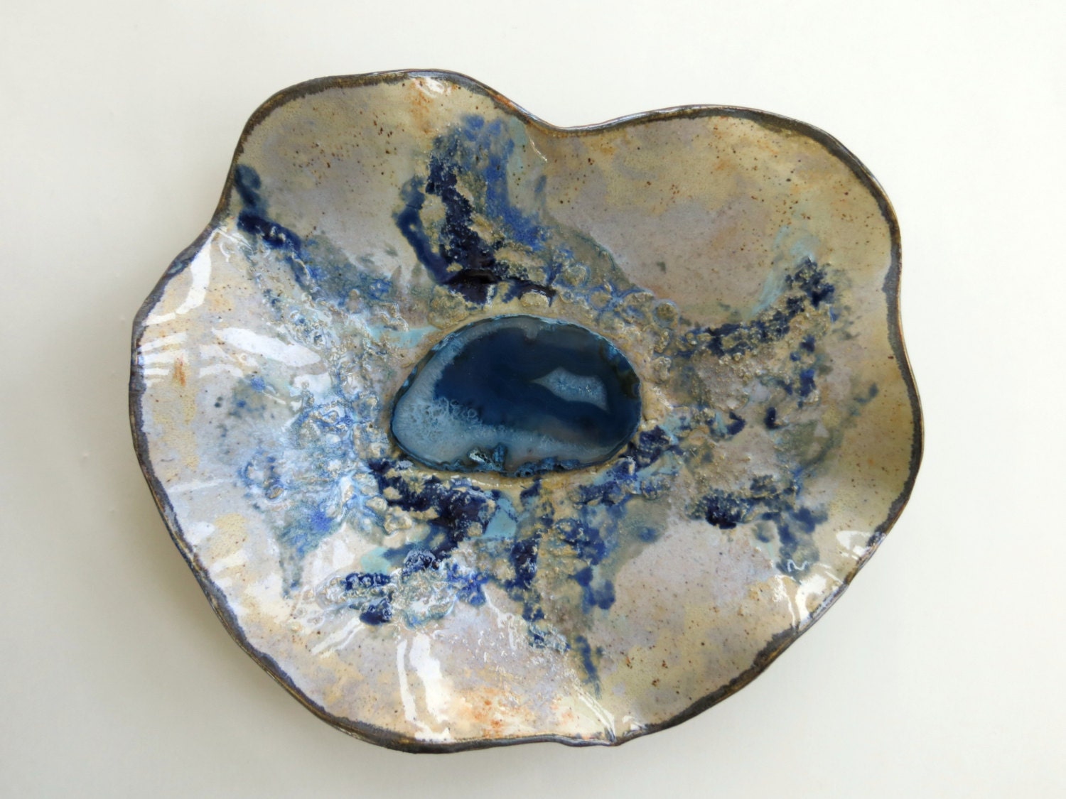 Blue Agate Ceramic Art Tray Clay Pottery Vessel Decorative Dish Accent Piece