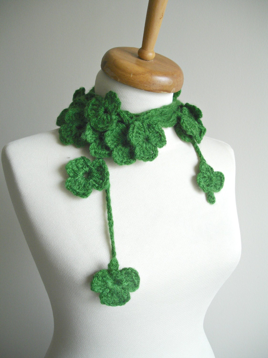 St. Patricks Day  Clover and Shamrocks, Emerald Green  Long Scarf With Clovers,  Ready to Ship