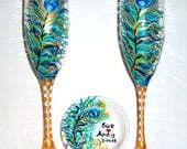 Peacock Feather Champagne Flutes with Ring Dish Hand Painted  3 Piece Set  /  Free Customizing