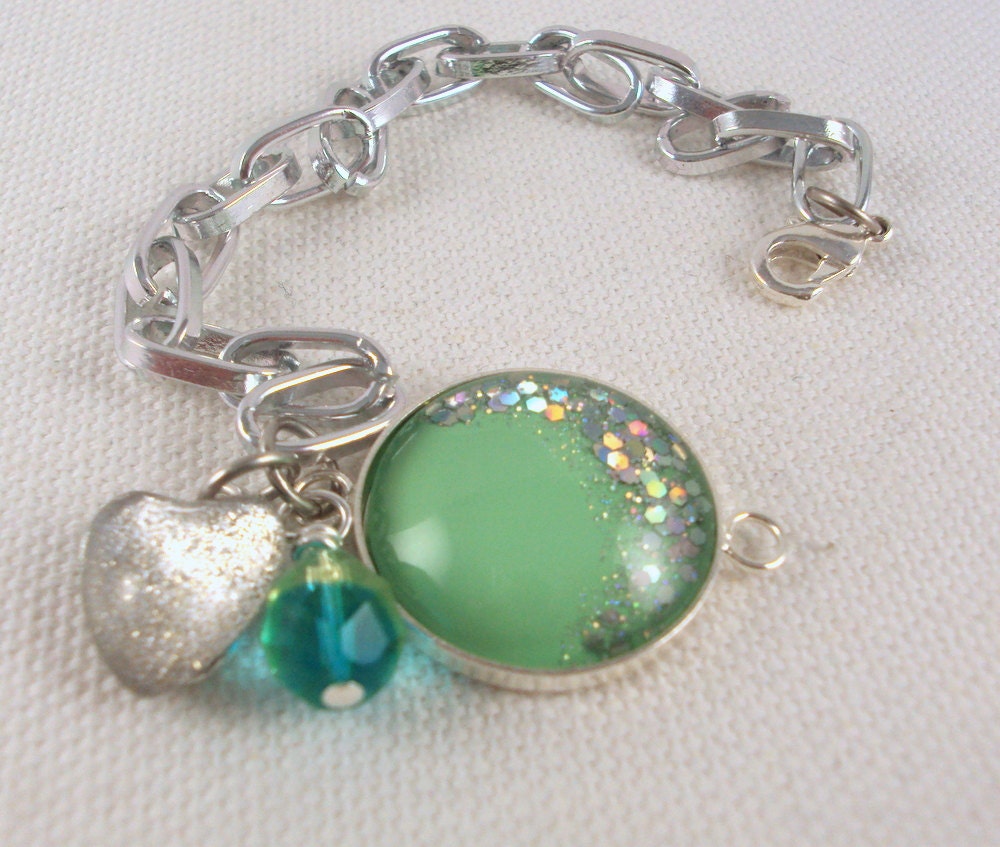 Charms and Chain Nail Polish Bracelet - Summer Sea Green Glitter Jewelry - Sparkly Glitter Bracelet -  Bridesmaids Gift