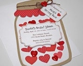 Bridal Wedding Shower Invitations, Rustic Red Mason Jar Card with Hearts, Set of 12