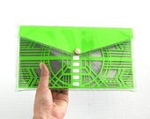 Neon Green Cut Out Art Deco Clutch - Geometric Laser Cut Paper Clear Transparent Vinyl PVC Purse