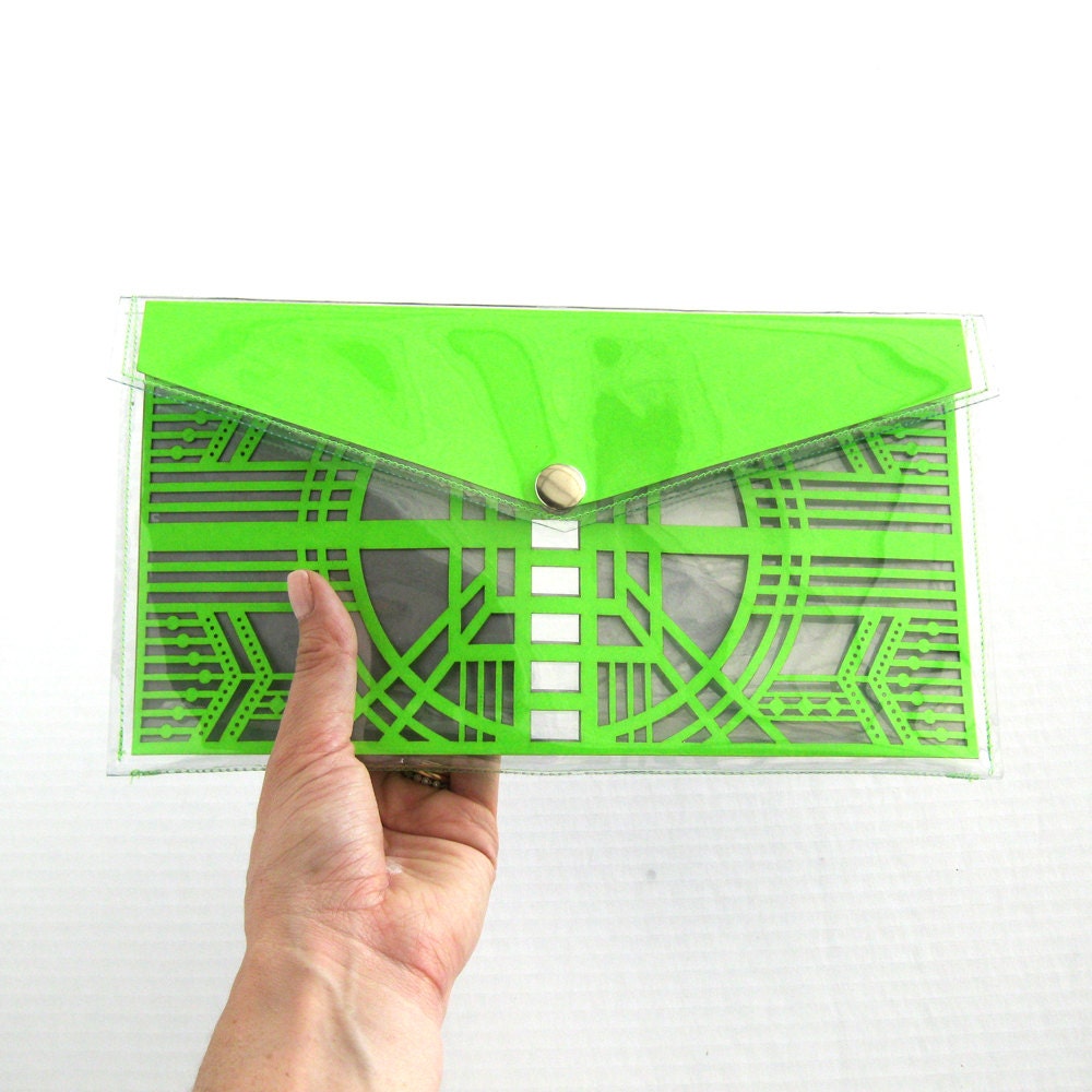 Neon Green Cut Out Art Deco Clutch - Geometric Laser Cut Paper Clear Transparent Vinyl PVC Purse